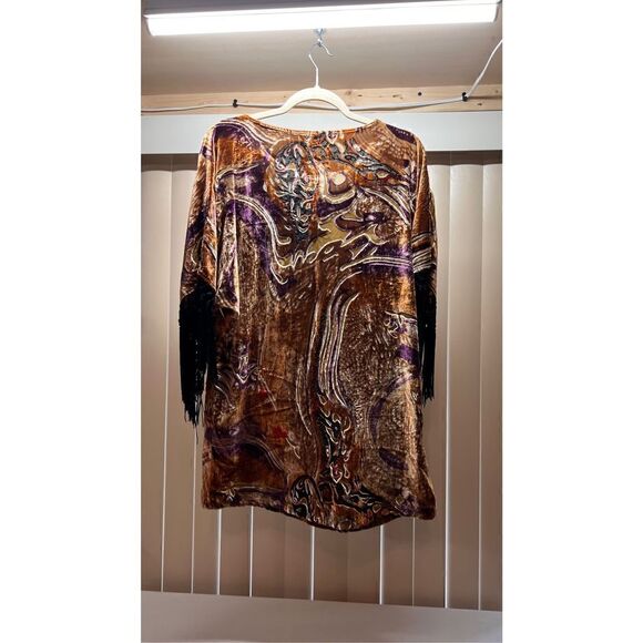 COTTON CLUB BROWN VELOUR PAISLEY SHIRT FRINGE SLEEVES SIZE 10 NEW - Picture 8 of 12